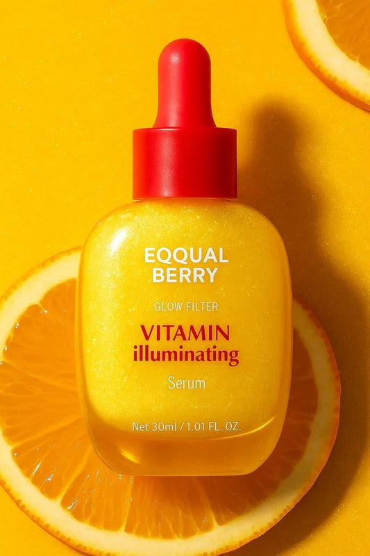 Vitamin illuminating serum with dropper, orange slices, glow filter skincare