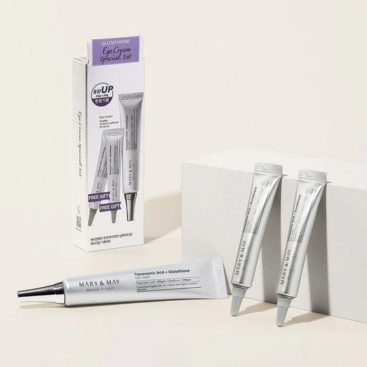 Tranexamic Acid + Glutathione eye cream set with silver tubes and gift packaging for bright, even under-eyes