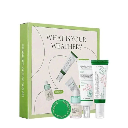 Axis-Y skincare set with glow serum, sunscreen & spot corrector in green packaging