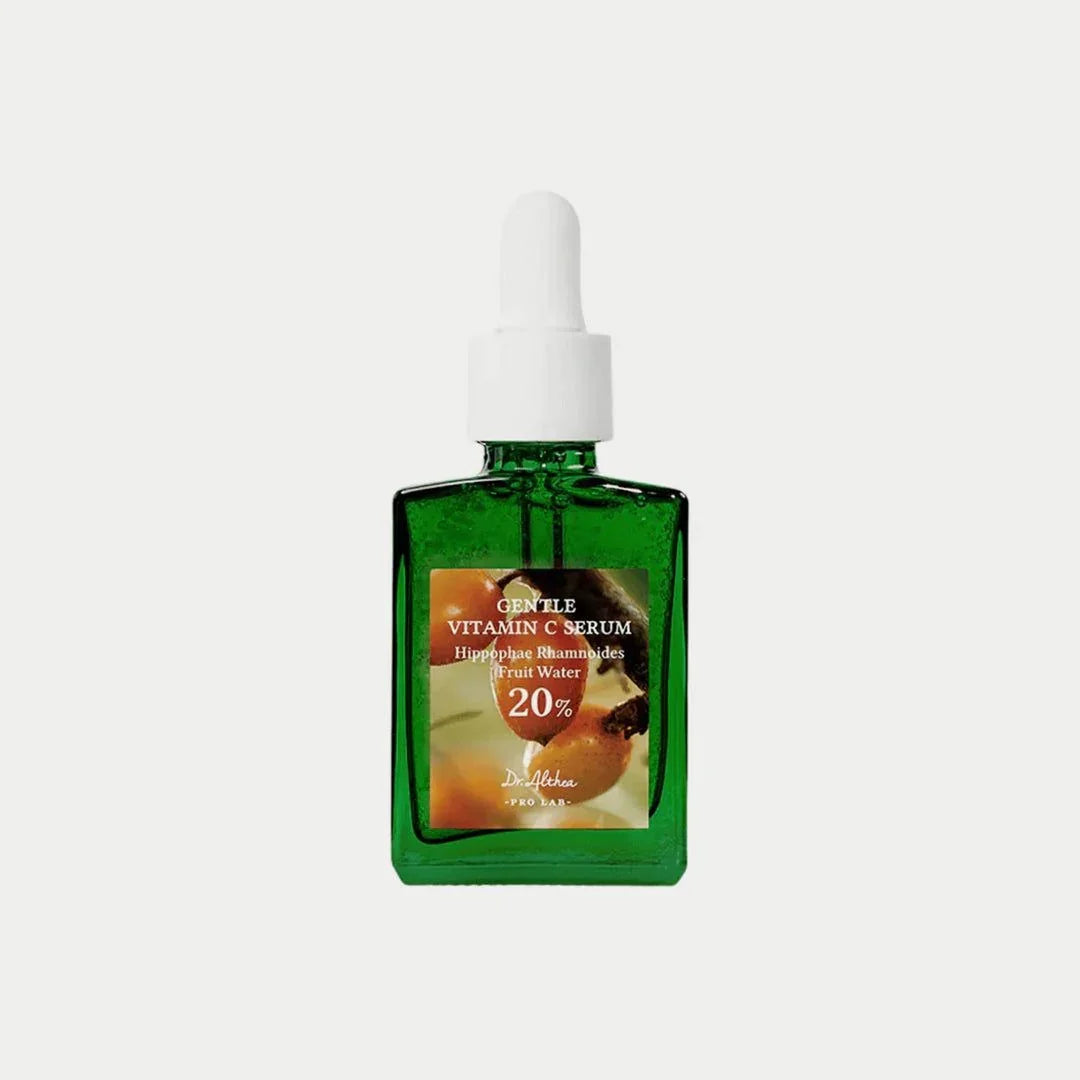 Gentle Vitamin C Serum with 20% Hippophae Rhamnoides Fruit Water in green glass dropper bottle