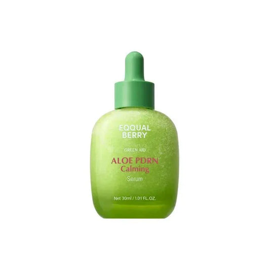 Equal Berry Aloe PDRN Calming Serum in green bottle with dropper for soothing skincare routine