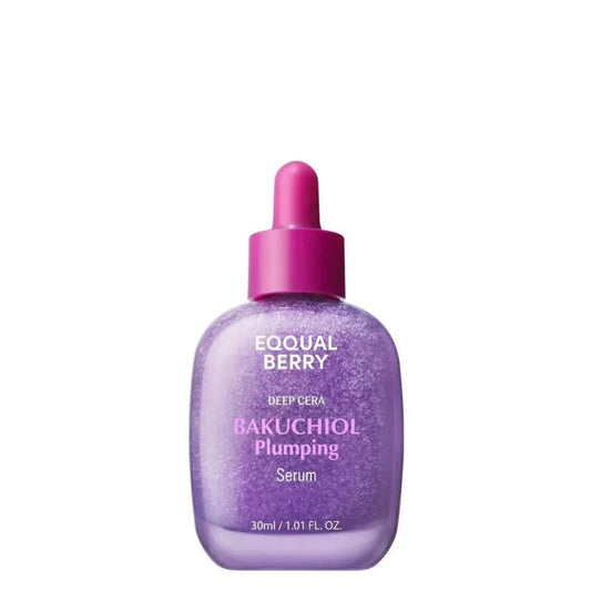 EQQUAL BERRY Bakuchiol Plumping Serum with deep cera, purple glitter bottle, 30ml skincare essential