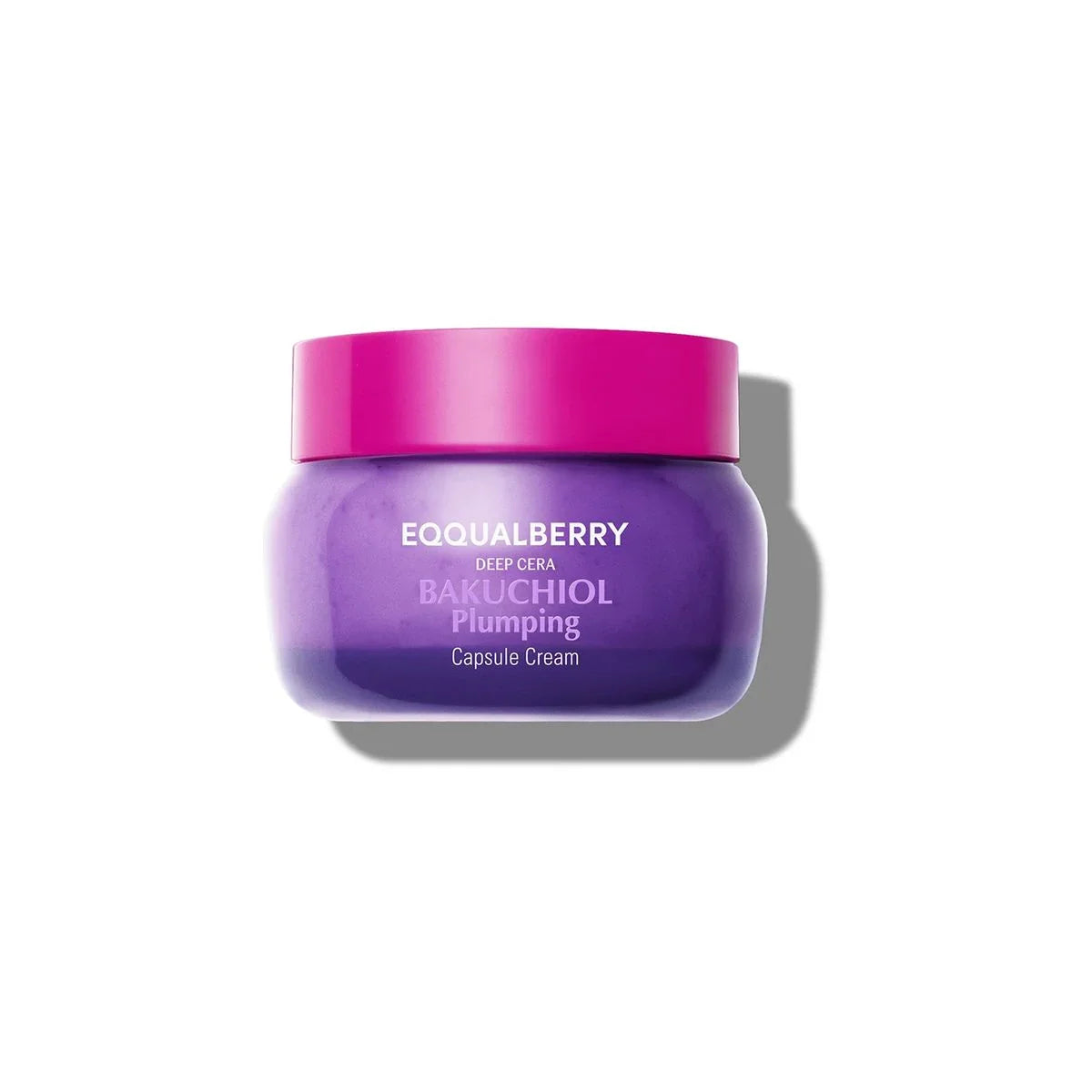 EQQUALBERRY Bakuchiol Plumping Capsule Cream for glowing skin, purple jar with pink lid