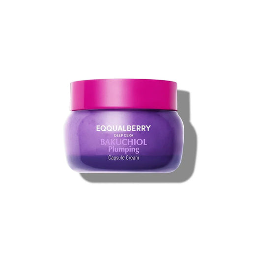 EQQUALBERRY Bakuchiol Plumping Capsule Cream for glowing skin, purple jar with pink lid