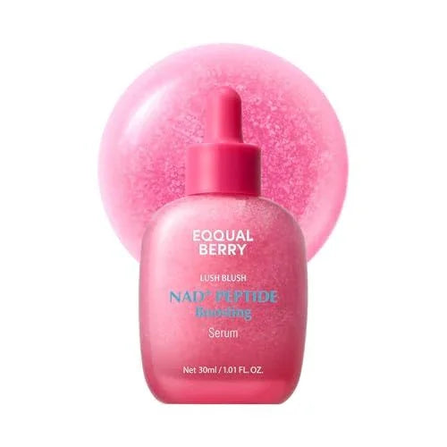 Equal Berry NAD+ Peptide Boosting Serum, 30ml pink bottle with dropper, glowing skincare essence