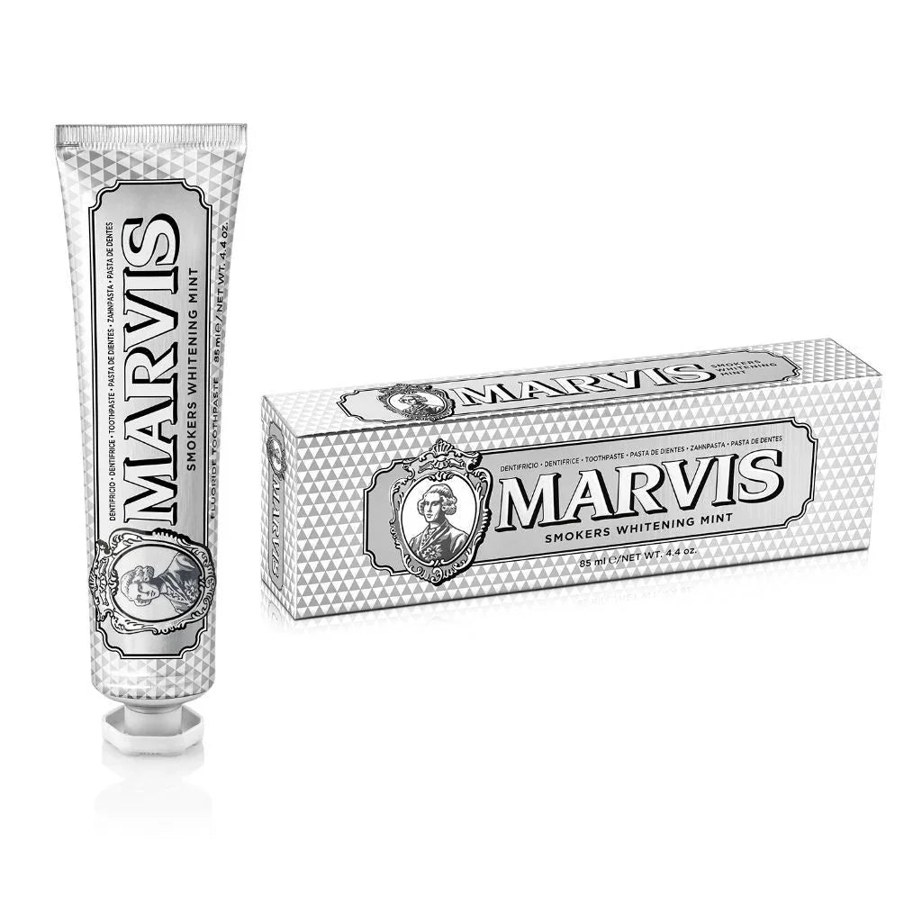 Marvis Smokers Whitening Mint toothpaste tube and box with elegant silver packaging design