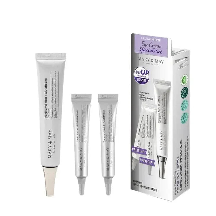 Mary & May Tranexamic Acid + Glutathione Eye Cream set with free gift, skincare essentials for bright, healthy eyes