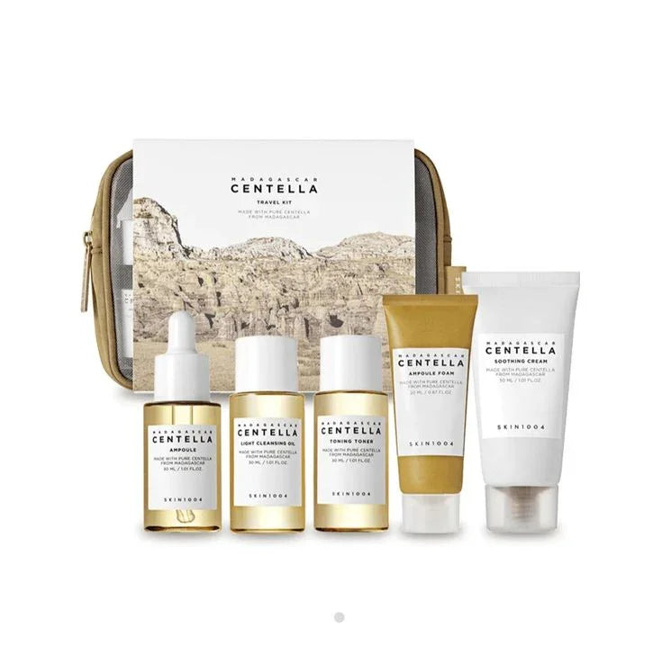 Madagascar Centella travel skincare kit with ampoule, cleanser, toner, foam & soothing cream for glowing skin