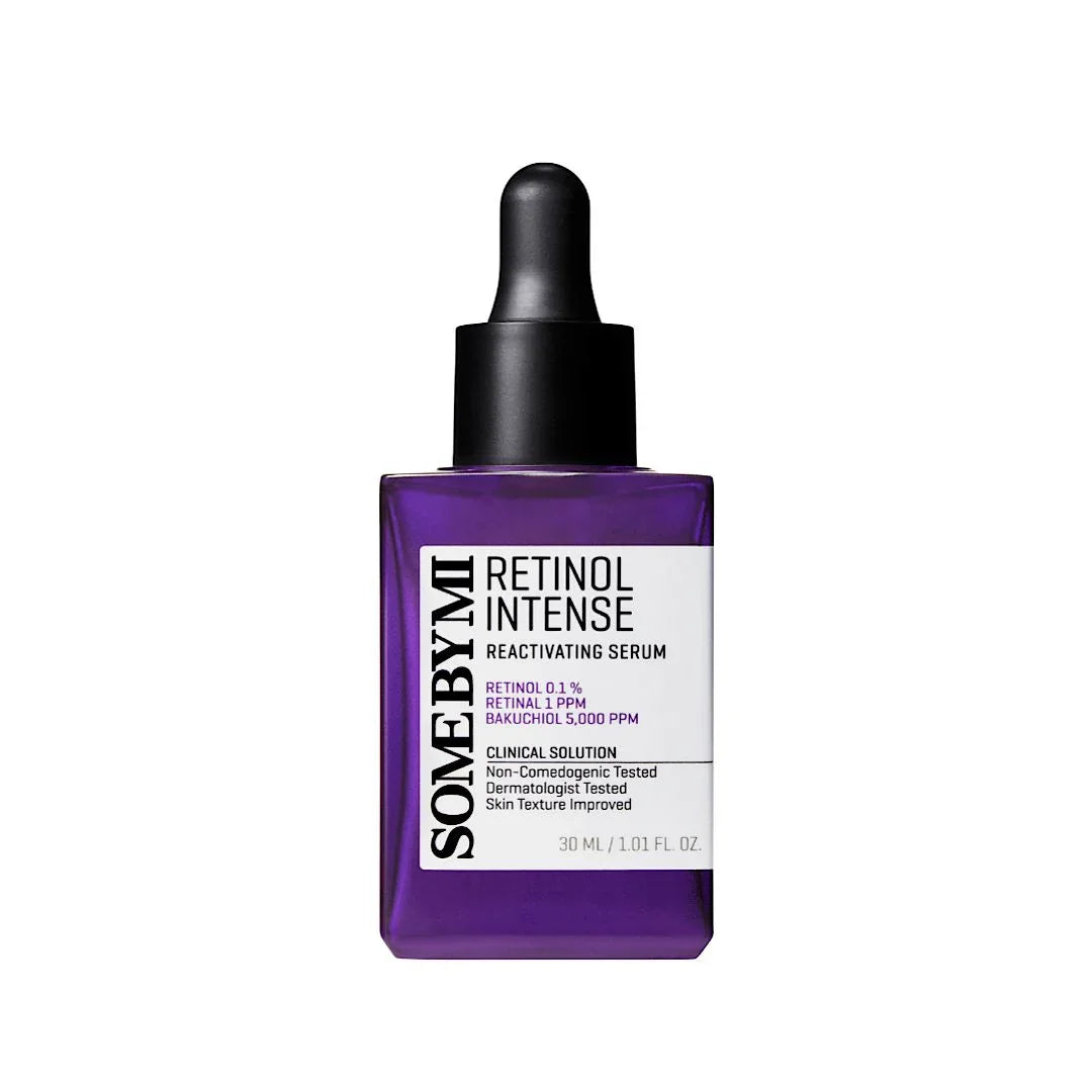 Purple bottle of SOME BY MI Retinol Intense Reactivating Serum with dropper, featuring retinol and bakuchiol for skin texture improvement.