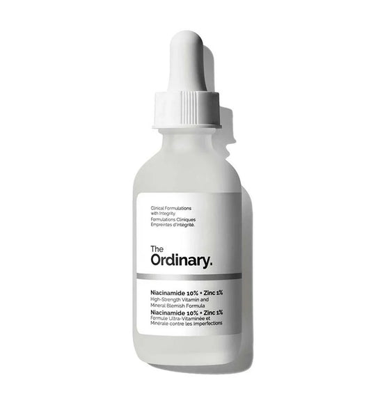The Ordinary Niacinamide 10% + Zinc 1% serum for blemish-prone skin, clinical skincare formula