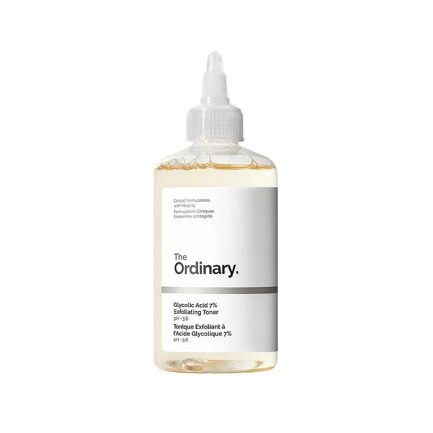 The Ordinary Glycolic Acid 7% Exfoliating Toner for glowing skin, pH 3.6, clear bottle with dropper