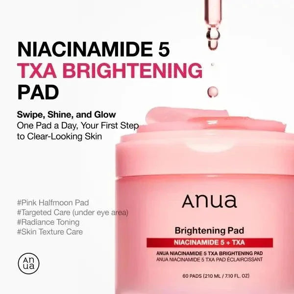 Anua Niacinamide 5 TXA Brightening Pad for glowing, clear skin – pink skincare toner pads with targeted radiance care