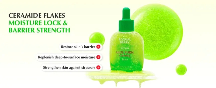 Green Aloe Pore Calming Serum with ceramide flakes for moisture lock and barrier strength