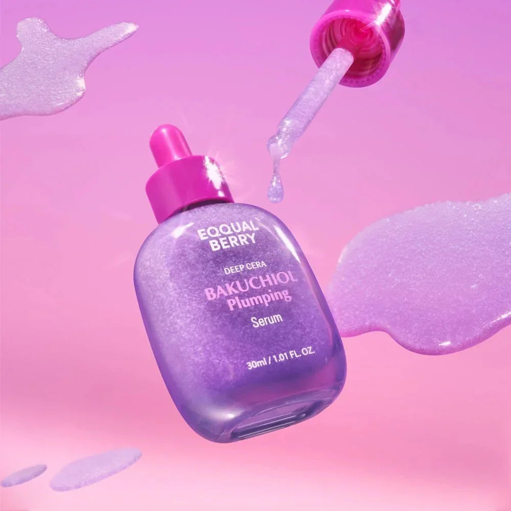 Equal Berry Bakuchiol Plumping Serum with glittery purple texture, dropper applying glowy skincare essence