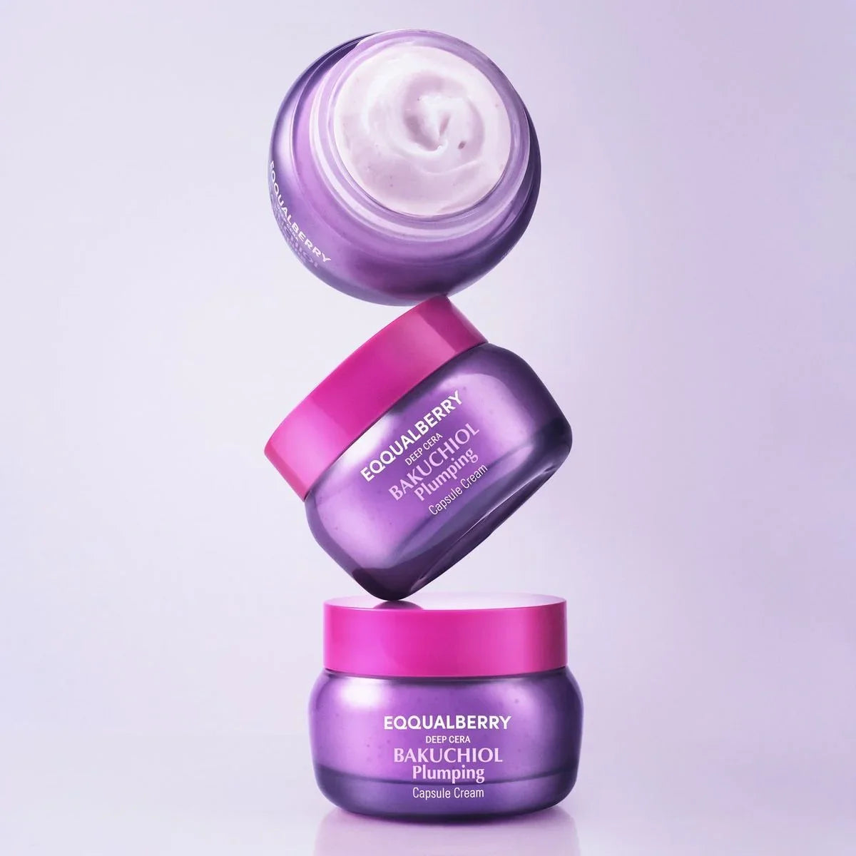 Eqqualberry Bakuchiol Plumping Capsule Cream jars with creamy texture, purple packaging, skincare essential